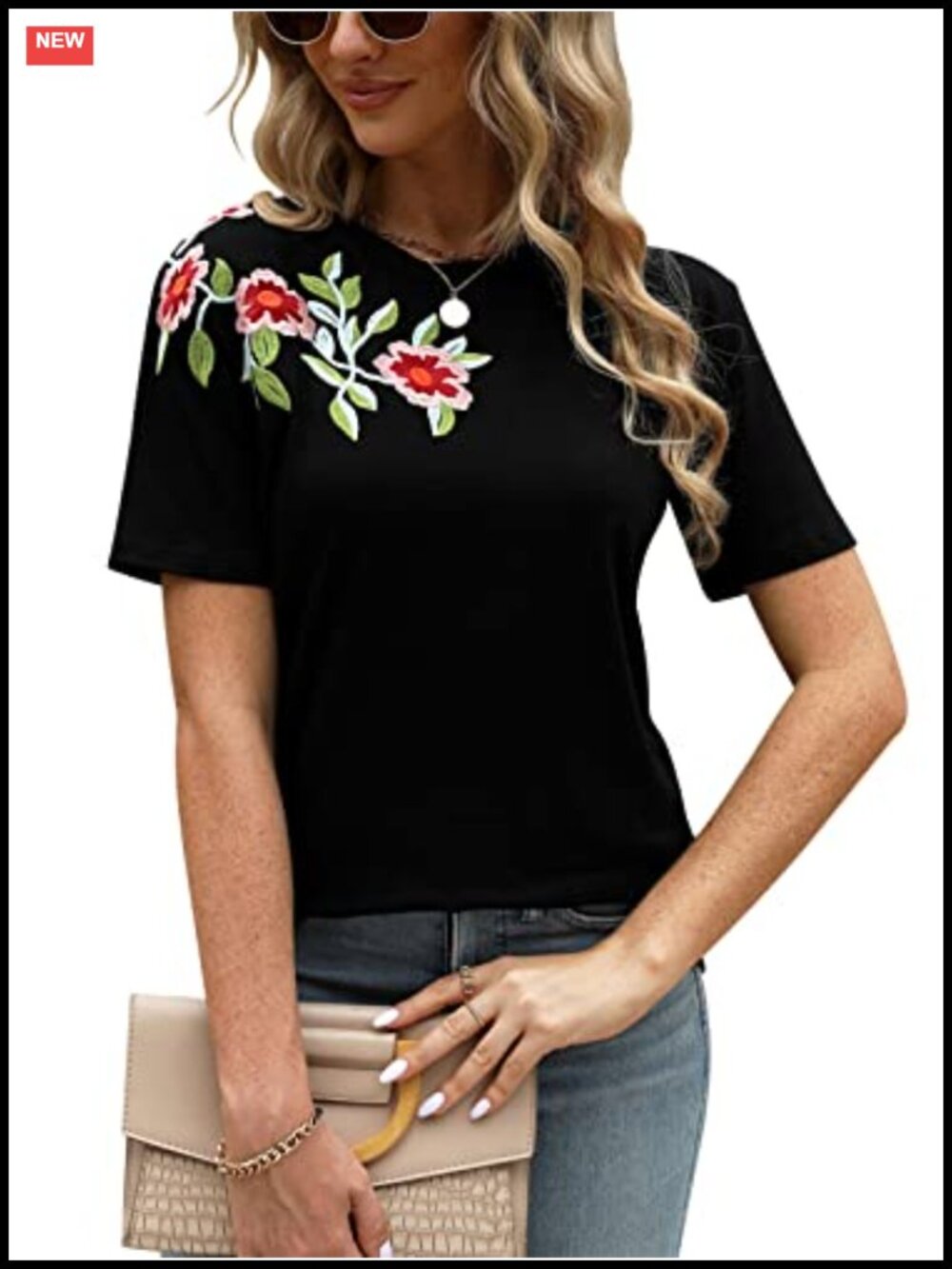 Women's Floral Embroidered Mexican Tunic Blouse Short Sleeve Peasant Shirt